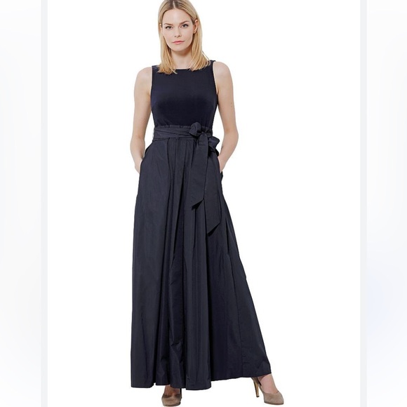 SOLD LAUREN RALPH LAUREN AGNI 4P DARK BLUE NAVY MAXI DRESS JERSEY TAFETTA BOW - Picture 2 of 9